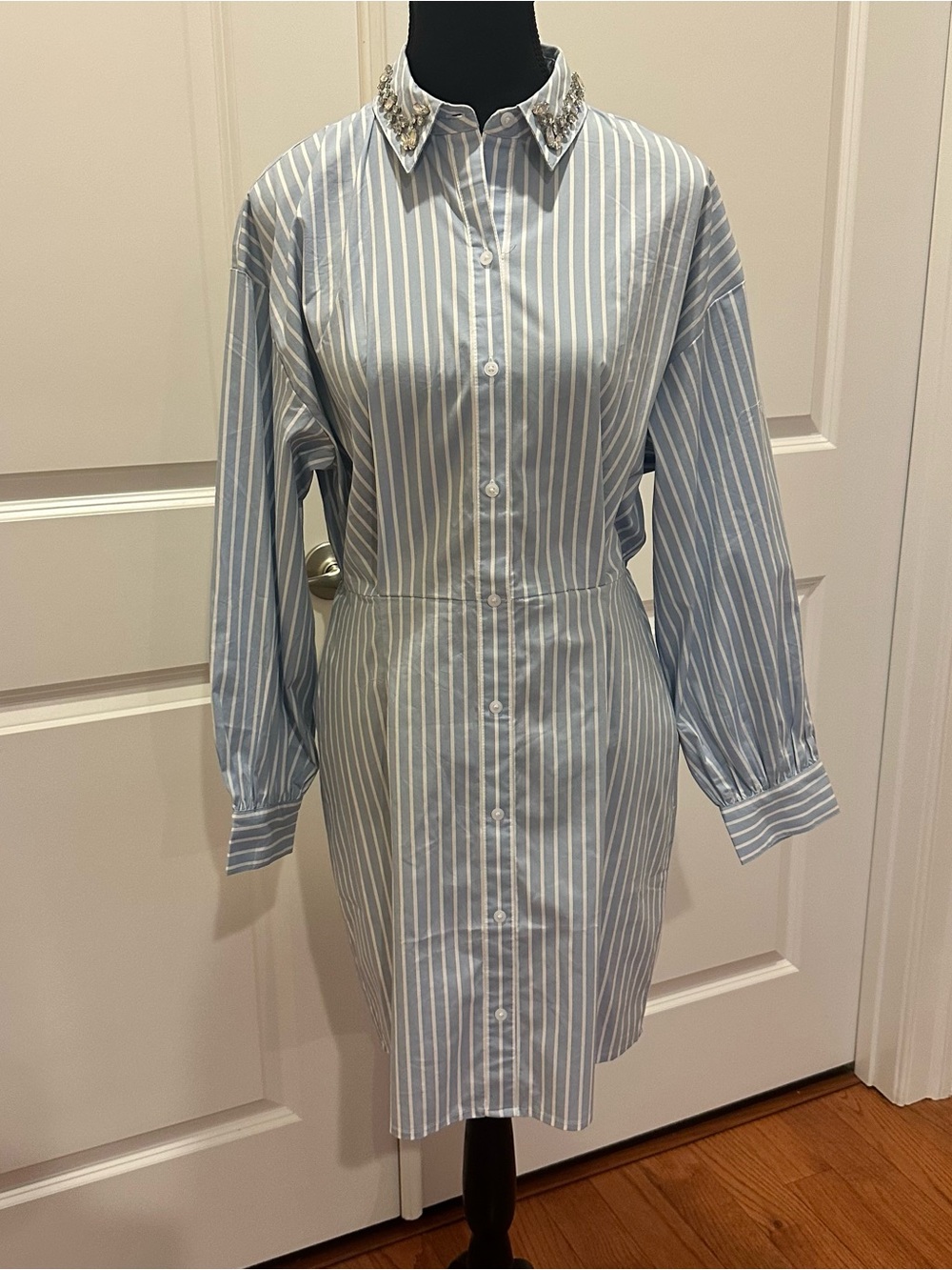 Express Blue and White Striped Button-Front Shirt Dress with Embellished Collar